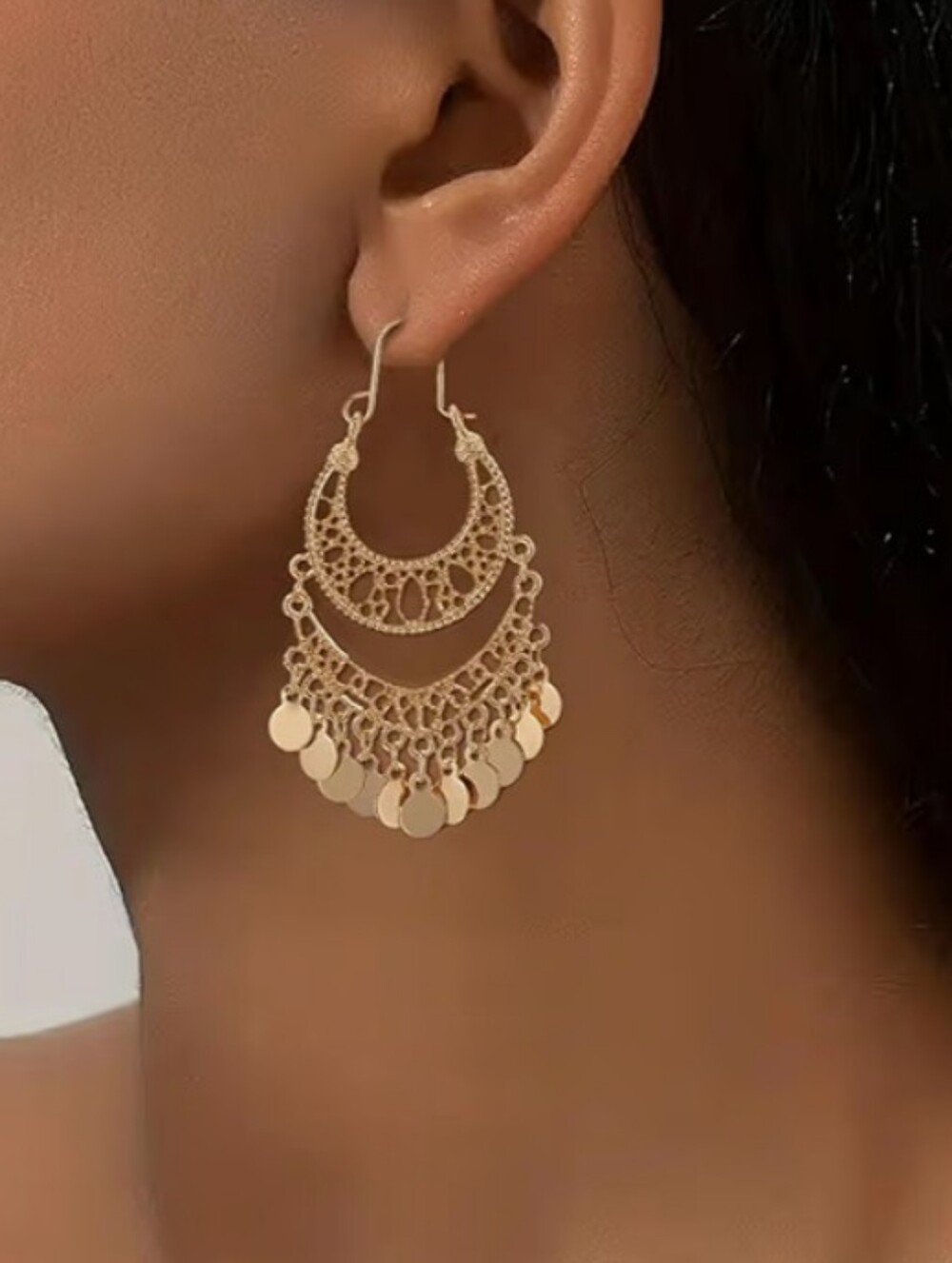 ​New Gold Filigree Dangle Hoop Earrings Bohemian Coin Tassel Chandelier Drops